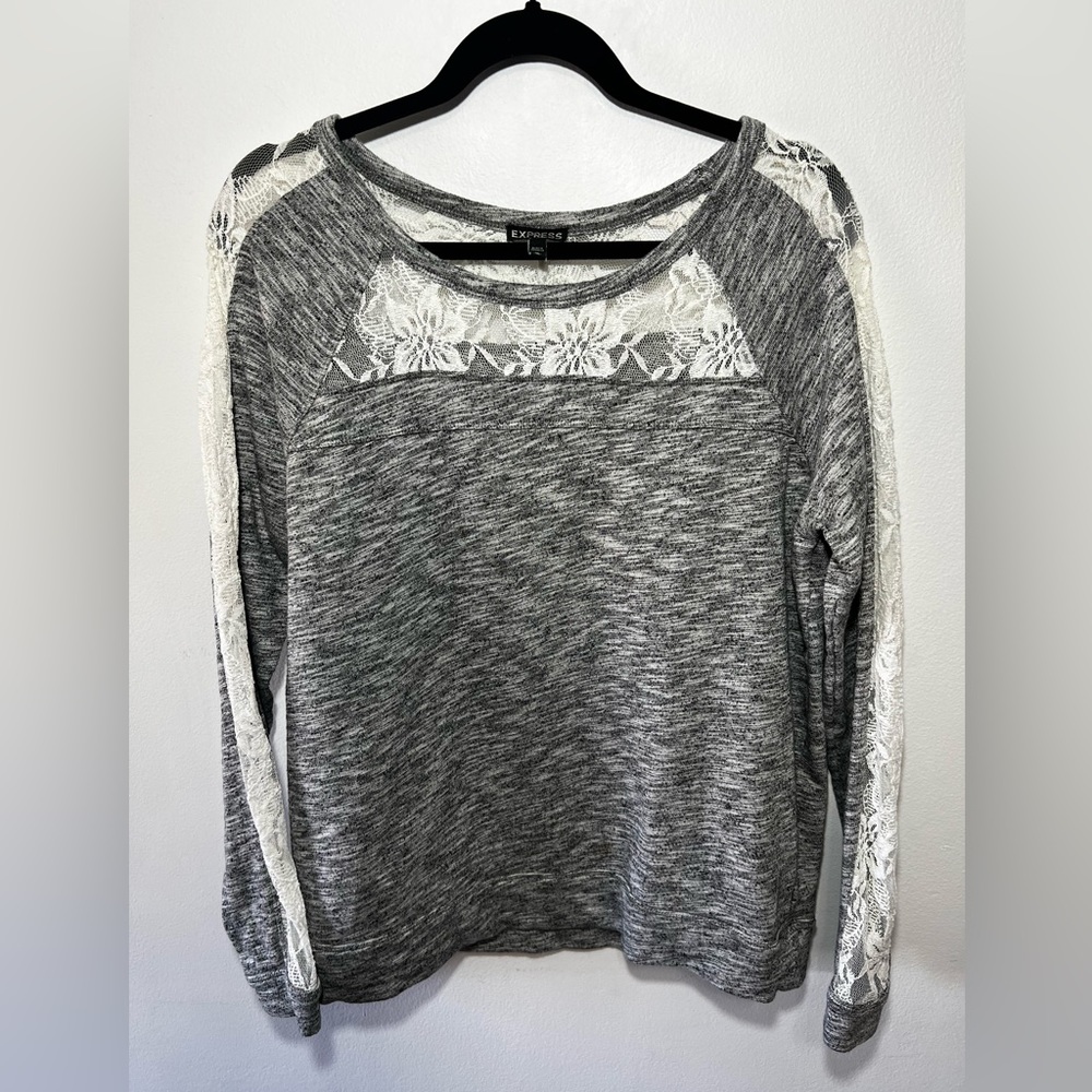Express, grey sweatshirt with lace cutouts, Med